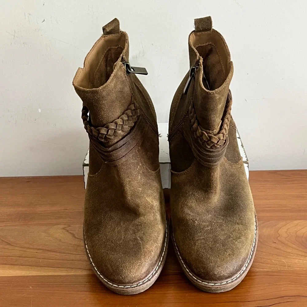 Earth Jeno Brown Suede Leather Braided Ankle Boots‎ Womens 6.5 M ETJENO